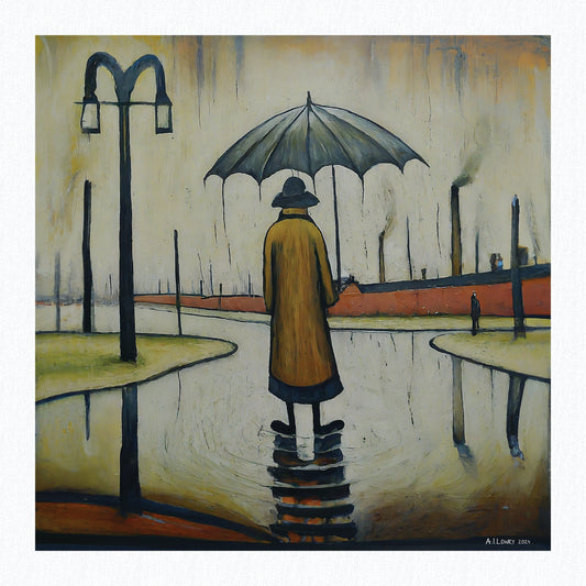 "Beautiful British Day, Man in the Rain" Giclée Art Print 21cm Square. AI Generated Image in the Style Of LS Lowry