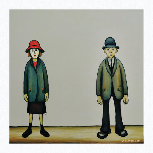 "A Couple" Giclée Art Print 21cm Square. AI Generated Image in the Style Of LS Lowry