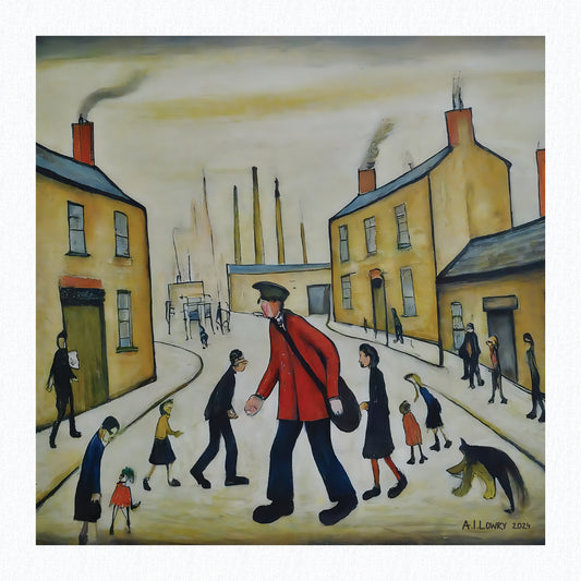 "A Postman's Round" Giclée Art Print 21cm Square. AI Generated Image in the Style Of LS Lowry