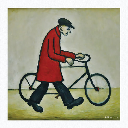 "Bicycle Man" Giclée Art Print 21cm Square. AI Generated Image in the Style Of LS Lowry