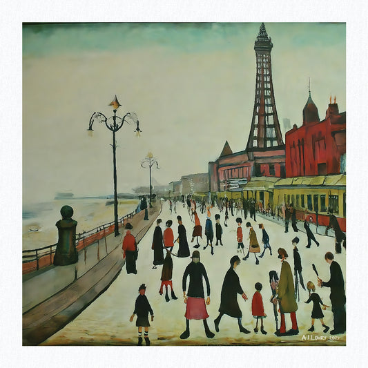 "Blackpool Front" Giclée Art Print 21cm Square. AI Generated Image in the Style Of LS Lowry
