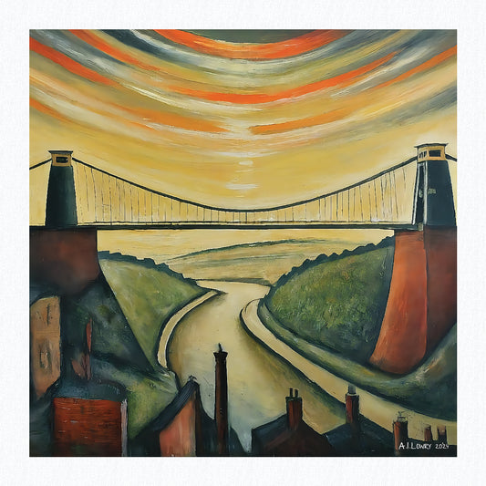 "Clifton Suspension Bridge" Giclée Art Print 21cm Square. AI Generated Image in the Style Of LS Lowry