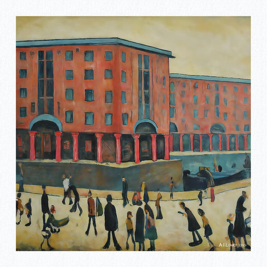 "Albert Dock, Liverpool" Giclée Art Print 21cm Square. AI Generated Image in the Style Of LS Lowry